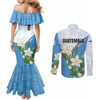 Guatemala White Monja Blanca Flower Couples Matching Mermaid Dress and Long Sleeve Button Shirt with Blue Flag Theme and Floral Pattern Design - Wonder Print Shop