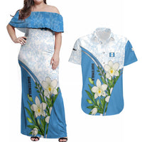 Guatemala White Monja Blanca Flower Couples Matching Off Shoulder Maxi Dress and Hawaiian Shirt with Blue Flag Theme and Floral Pattern Design - Wonder Print Shop