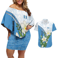Guatemala White Monja Blanca Flower Couples Matching Off Shoulder Short Dress and Hawaiian Shirt with Blue Flag Theme and Floral Pattern Design - Wonder Print Shop