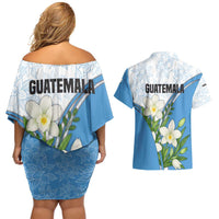 Guatemala White Monja Blanca Flower Couples Matching Off Shoulder Short Dress and Hawaiian Shirt with Blue Flag Theme and Floral Pattern Design - Wonder Print Shop
