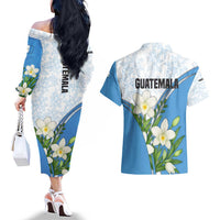 Guatemala White Monja Blanca Flower Couples Matching Off The Shoulder Long Sleeve Dress and Hawaiian Shirt with Blue Flag Theme and Floral Pattern Design - Wonder Print Shop