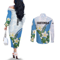 Guatemala White Monja Blanca Flower Couples Matching Off The Shoulder Long Sleeve Dress and Long Sleeve Button Shirt with Blue Flag Theme and Floral Pattern Design - Wonder Print Shop