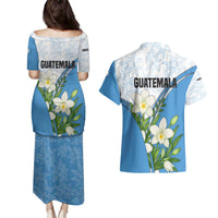 Guatemala White Monja Blanca Flower Couples Matching Puletasi and Hawaiian Shirt with Blue Flag Theme and Floral Pattern Design - Wonder Print Shop