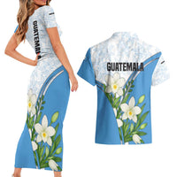 Guatemala White Monja Blanca Flower Couples Matching Short Sleeve Bodycon Dress and Hawaiian Shirt with Blue Flag Theme and Floral Pattern Design - Wonder Print Shop