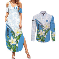 Guatemala White Monja Blanca Flower Couples Matching Summer Maxi Dress and Long Sleeve Button Shirt with Blue Flag Theme and Floral Pattern Design - Wonder Print Shop