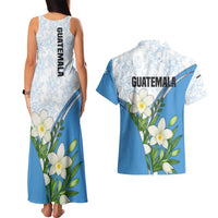 Guatemala White Monja Blanca Flower Couples Matching Tank Maxi Dress and Hawaiian Shirt with Blue Flag Theme and Floral Pattern Design - Wonder Print Shop