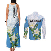 Guatemala White Monja Blanca Flower Couples Matching Tank Maxi Dress and Long Sleeve Button Shirt with Blue Flag Theme and Floral Pattern Design - Wonder Print Shop