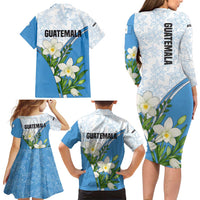 Guatemala White Monja Blanca Flower Family Matching Long Sleeve Bodycon Dress and Hawaiian Shirt with Blue Flag Theme and Floral Pattern Design - Wonder Print Shop