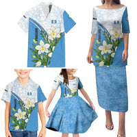 Guatemala White Monja Blanca Flower Family Matching Puletasi and Hawaiian Shirt with Blue Flag Theme and Floral Pattern Design - Wonder Print Shop