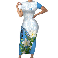 Guatemala White Monja Blanca Flower Family Matching Short Sleeve Bodycon Dress and Hawaiian Shirt with Blue Flag Theme and Floral Pattern Design - Wonder Print Shop