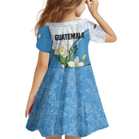 Guatemala White Monja Blanca Flower Kid Short Sleeve Dress with Blue Flag Theme and Floral Pattern Design - Wonder Print Shop