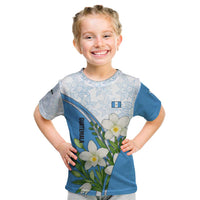 Guatemala White Monja Blanca Flower Kid T Shirt with Blue Flag Theme and Floral Pattern Design - Wonder Print Shop