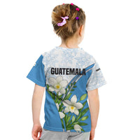 Guatemala White Monja Blanca Flower Kid T Shirt with Blue Flag Theme and Floral Pattern Design - Wonder Print Shop