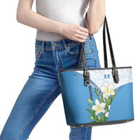 Guatemala White Monja Blanca Flower Leather Tote Bag with Blue Flag Theme and Floral Pattern Design - Wonder Print Shop