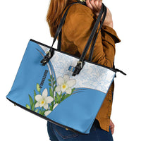 Guatemala White Monja Blanca Flower Leather Tote Bag with Blue Flag Theme and Floral Pattern Design - Wonder Print Shop