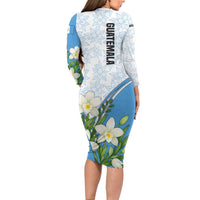 Guatemala White Monja Blanca Flower Long Sleeve Bodycon Dress with Blue Flag Theme and Floral Pattern Design - Wonder Print Shop