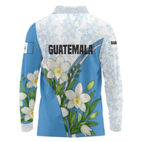 Guatemala White Monja Blanca Flower Long Sleeve Polo Shirt with Blue Flag Theme and Floral Pattern Design - Wonder Print Shop