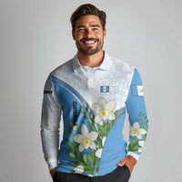 Guatemala White Monja Blanca Flower Long Sleeve Polo Shirt with Blue Flag Theme and Floral Pattern Design - Wonder Print Shop