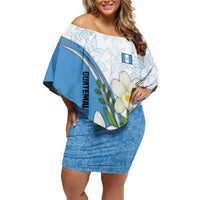 Guatemala White Monja Blanca Flower Off Shoulder Short Dress with Blue Flag Theme and Floral Pattern Design - Wonder Print Shop