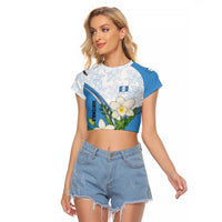 Guatemala White Monja Blanca Flower Raglan Cropped T Shirt with Blue Flag Theme and Floral Pattern Design - Wonder Print Shop