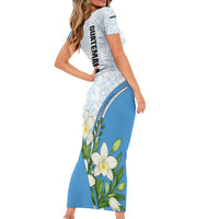 Guatemala White Monja Blanca Flower Short Sleeve Bodycon Dress with Blue Flag Theme and Floral Pattern Design - Wonder Print Shop