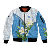 Guatemala White Monja Blanca Flower Sleeve Zip Bomber Jacket with Blue Flag Theme and Floral Pattern Design - Wonder Print Shop