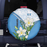 Guatemala White Monja Blanca Flower Spare Tire Cover with Blue Flag Theme and Floral Pattern Design - Wonder Print Shop