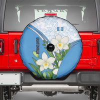 Guatemala White Monja Blanca Flower Spare Tire Cover with Blue Flag Theme and Floral Pattern Design - Wonder Print Shop