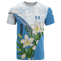 Guatemala White Monja Blanca Flower T Shirt with Blue Flag Theme and Floral Pattern Design - Wonder Print Shop