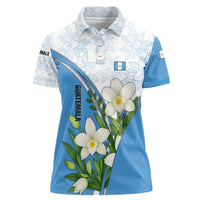 Guatemala White Monja Blanca Flower Women Polo Shirt with Blue Flag Theme and Floral Pattern Design - Wonder Print Shop