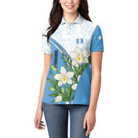 Guatemala White Monja Blanca Flower Women Polo Shirt with Blue Flag Theme and Floral Pattern Design - Wonder Print Shop