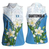 Guatemala White Monja Blanca Flower Women Sleeveless Polo Shirt with Blue Flag Theme and Floral Pattern Design - Wonder Print Shop