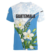 Guatemala White Monja Blanca Flower Women V-Neck T-Shirt with Blue Flag Theme and Floral Pattern Design - Wonder Print Shop