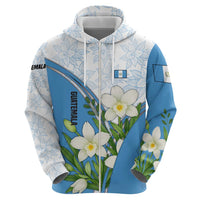 Guatemala White Monja Blanca Flower Zip Hoodie with Blue Flag Theme and Floral Pattern Design - Wonder Print Shop