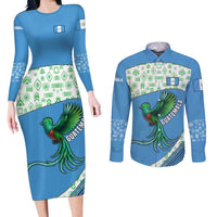 Guatemala Quetzal Bird Couples Matching Long Sleeve Bodycon Dress and Long Sleeve Button Shirt with Tribal Motif and Libre Como El Quetzal Design - Wonder Print Shop