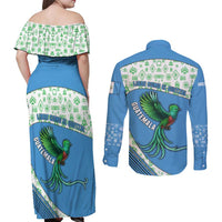 Guatemala Quetzal Bird Couples Matching Off Shoulder Maxi Dress and Long Sleeve Button Shirt with Tribal Motif and Libre Como El Quetzal Design - Wonder Print Shop