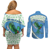 Guatemala Quetzal Bird Couples Matching Off Shoulder Short Dress and Long Sleeve Button Shirt with Tribal Motif and Libre Como El Quetzal Design - Wonder Print Shop