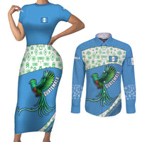 Guatemala Quetzal Bird Couples Matching Short Sleeve Bodycon Dress and Long Sleeve Button Shirt with Tribal Motif and Libre Como El Quetzal Design - Wonder Print Shop