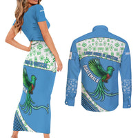 Guatemala Quetzal Bird Couples Matching Short Sleeve Bodycon Dress and Long Sleeve Button Shirt with Tribal Motif and Libre Como El Quetzal Design - Wonder Print Shop