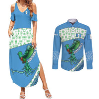 Guatemala Quetzal Bird Couples Matching Summer Maxi Dress and Long Sleeve Button Shirt with Tribal Motif and Libre Como El Quetzal Design - Wonder Print Shop