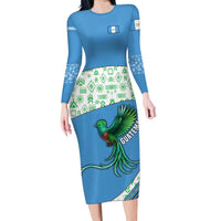 Guatemala Quetzal Bird Long Sleeve Bodycon Dress with Tribal Motif and Libre Como El Quetzal Design - Wonder Print Shop