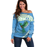 Guatemala Quetzal Bird Off Shoulder Sweater with Tribal Motif and Libre Como El Quetzal Design - Wonder Print Shop