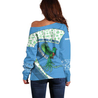 Guatemala Quetzal Bird Off Shoulder Sweater with Tribal Motif and Libre Como El Quetzal Design - Wonder Print Shop