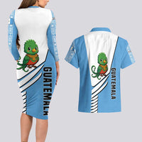 Guatemala Cute Quetzal Bird Couples Matching Long Sleeve Bodycon Dress and Hawaiian Shirt with Blue White Flag Colors and Tribal Pattern Design - Wonder Print Shop