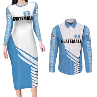 Guatemala Cute Quetzal Bird Couples Matching Long Sleeve Bodycon Dress and Long Sleeve Button Shirt with Blue White Flag Colors and Tribal Pattern Design - Wonder Print Shop