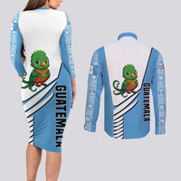 Guatemala Cute Quetzal Bird Couples Matching Long Sleeve Bodycon Dress and Long Sleeve Button Shirt with Blue White Flag Colors and Tribal Pattern Design - Wonder Print Shop