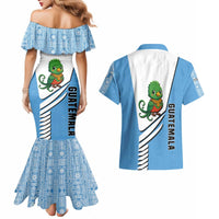 Guatemala Cute Quetzal Bird Couples Matching Mermaid Dress and Hawaiian Shirt with Blue White Flag Colors and Tribal Pattern Design - Wonder Print Shop