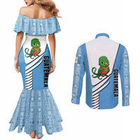Guatemala Cute Quetzal Bird Couples Matching Mermaid Dress and Long Sleeve Button Shirt with Blue White Flag Colors and Tribal Pattern Design - Wonder Print Shop