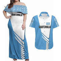 Guatemala Cute Quetzal Bird Couples Matching Off Shoulder Maxi Dress and Hawaiian Shirt with Blue White Flag Colors and Tribal Pattern Design - Wonder Print Shop