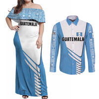Guatemala Cute Quetzal Bird Couples Matching Off Shoulder Maxi Dress and Long Sleeve Button Shirt with Blue White Flag Colors and Tribal Pattern Design - Wonder Print Shop